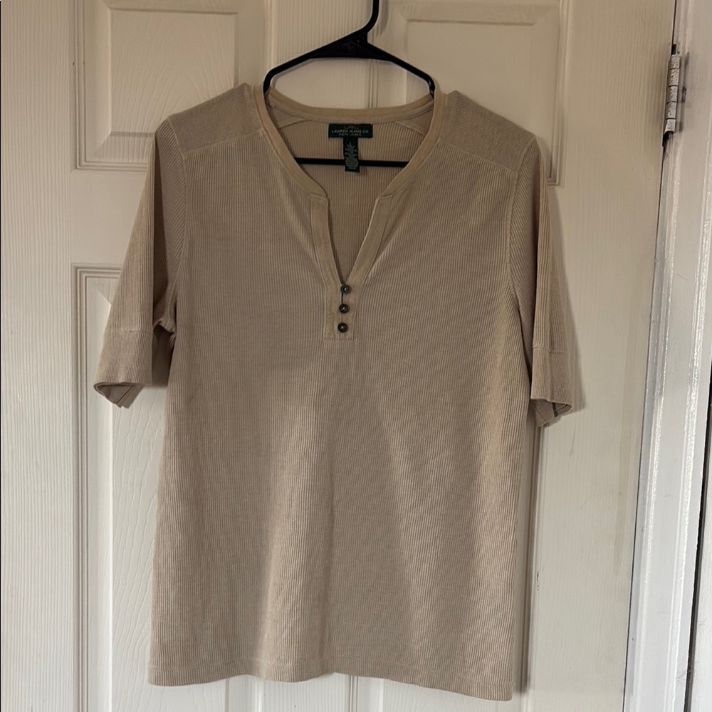 SALE Lauren Ralph Lauren Beige Short Sleeve Henley Shirt Size L